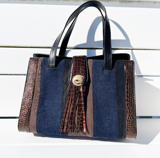 Denim, Blue, Black and Brown Stripe Handbag