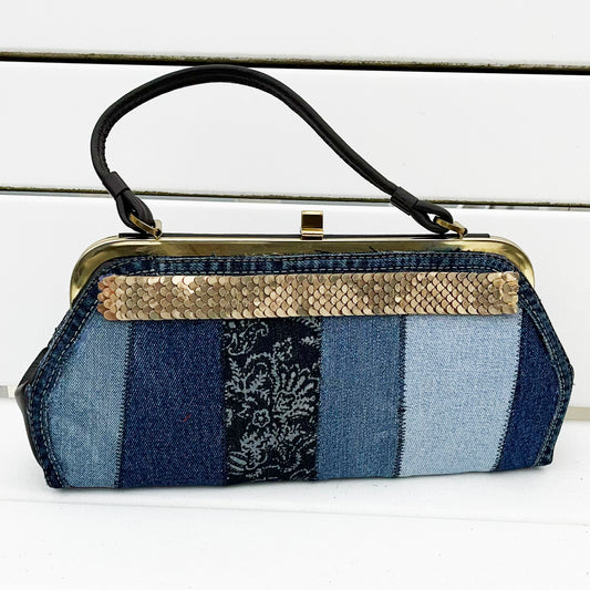 Blue Denim Stripe Handbag with metallic serpent trim