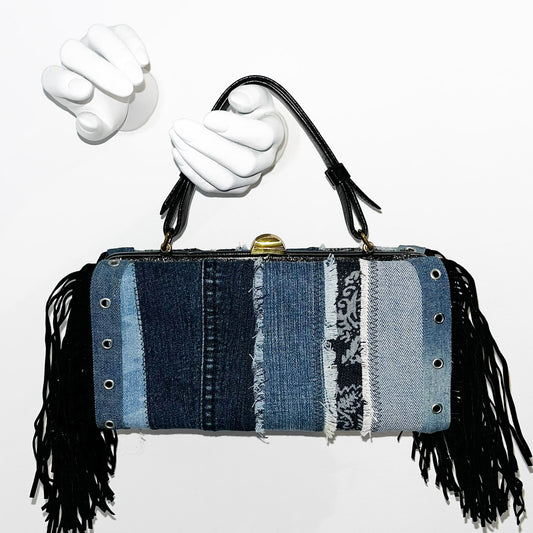Blue Denim Stripe Box Handbag with Fringe