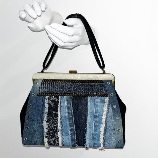 Blue Denim Stripe with Bakelite Trim Handbag