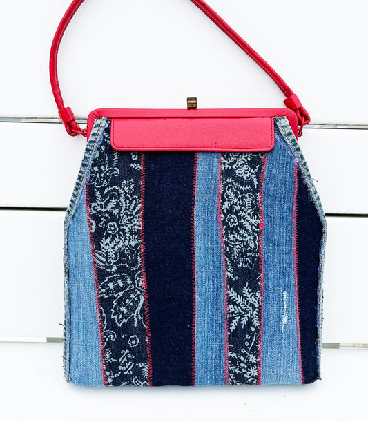 Red Leather Blue Denim Stripe Handbag