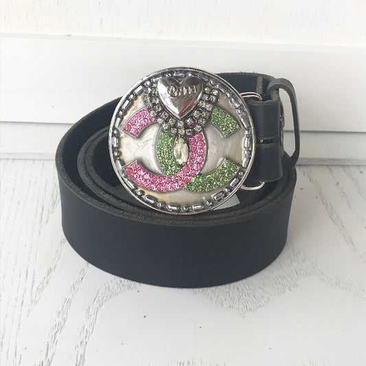 Designer Inspired Pink and Green Rhinestone Buckle and Belt Strap