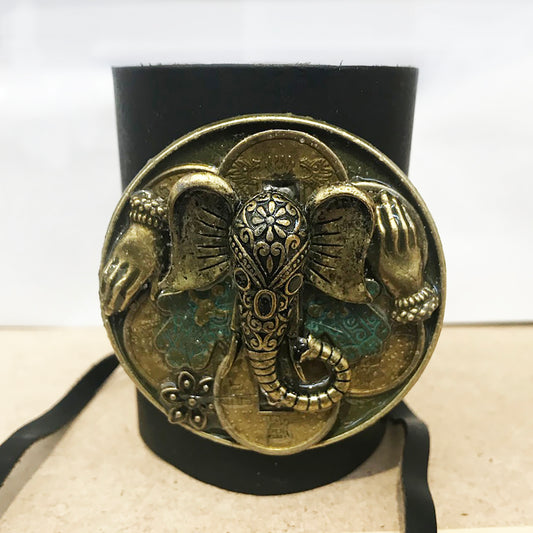 Brass Elephant Leather Wrist Cuff