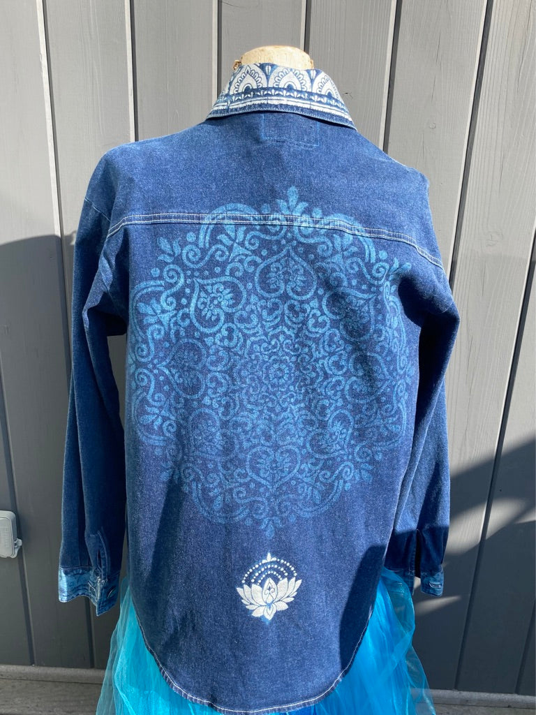 Lotus Flower Denim Shirt with Bleached Background and Hand Painted