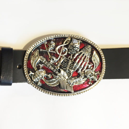 Skeleton Musician on Red Buckle with Strap