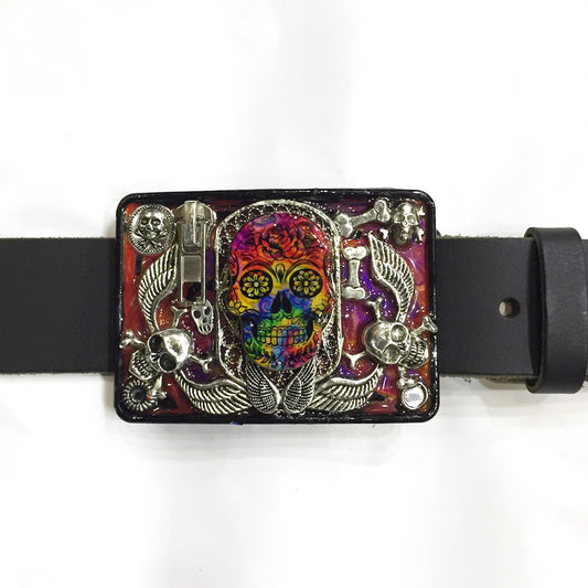 Tie Dyed Sugar Skull Buckle and Belt Strap