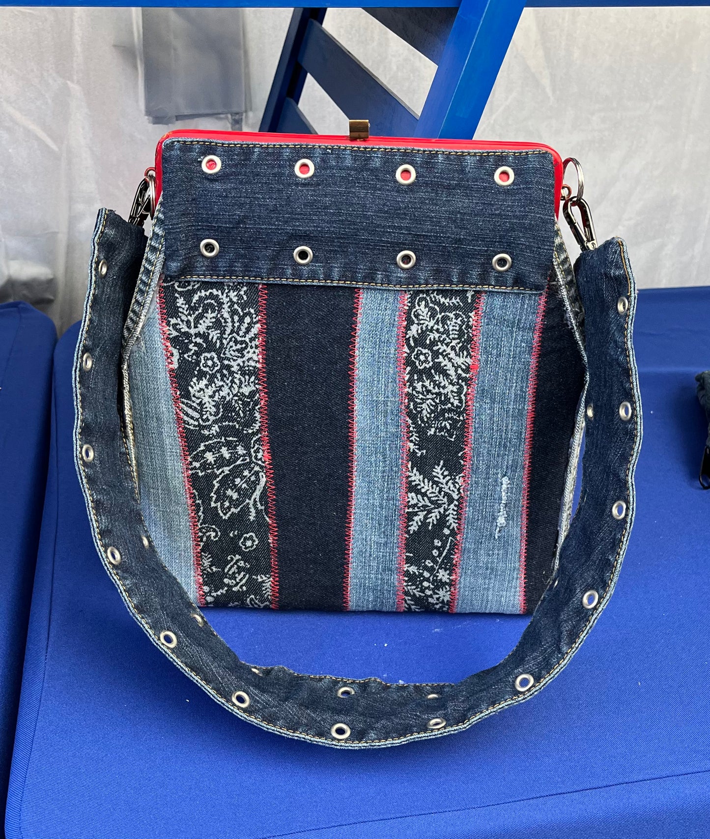 Red Leather Blue Denim Stripe Handbag