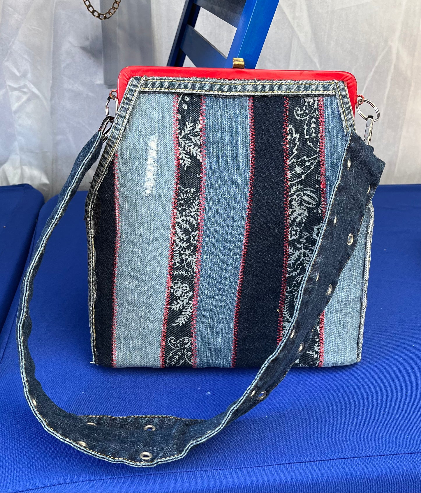 Red Leather Blue Denim Stripe Handbag