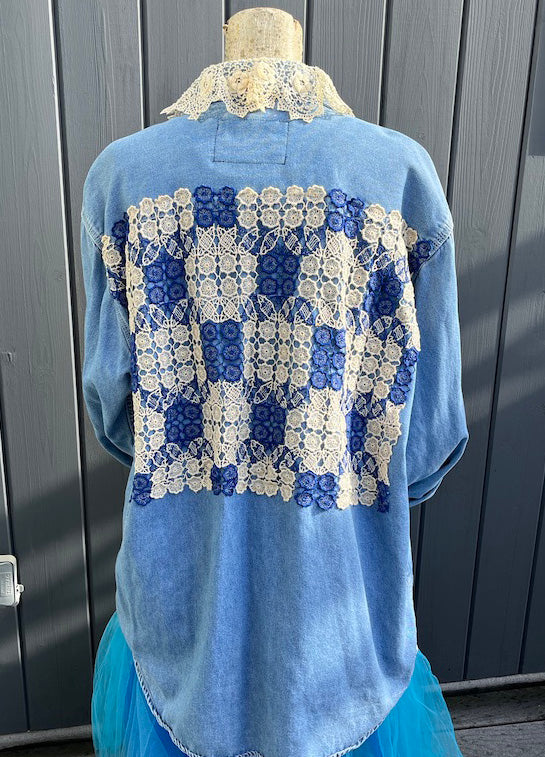 Denim Shirt with Beige and Blue Crochet Trim