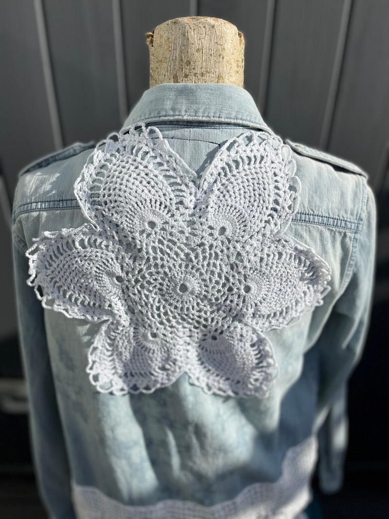 Denim Shirt with Bleached Background and Crochet Pieces