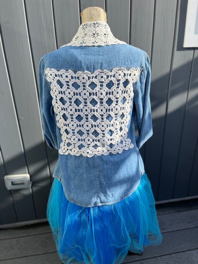 Denim Shirt with Crochet Trim