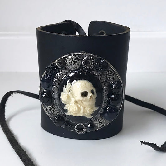 Ivory Skull with Roses Lace Up Wrist Cuff