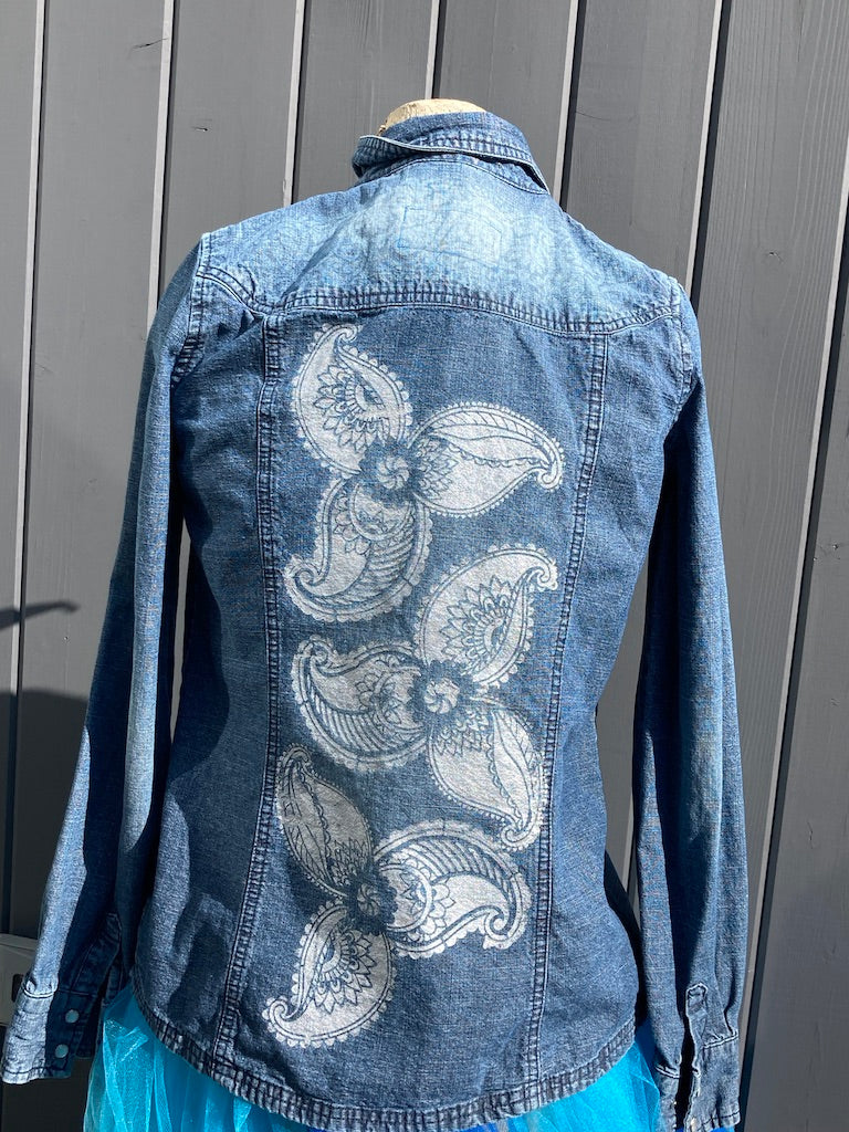 Denim Shirt with Bleached Background and Hand Painted