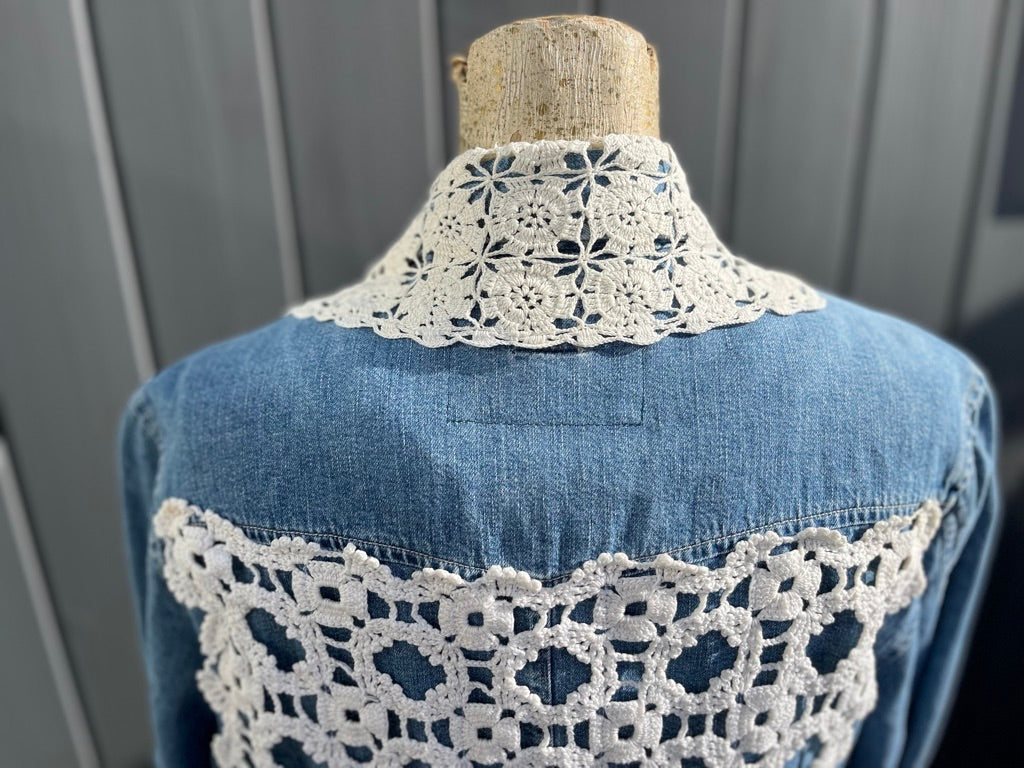 Denim Shirt with Crochet Trim